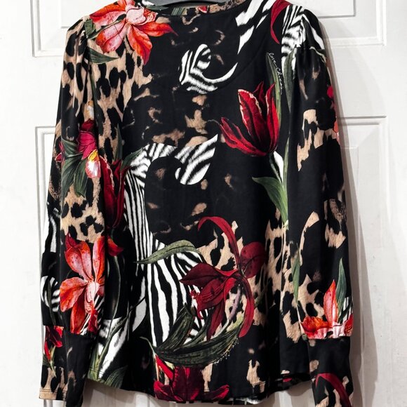 Chico's Sz 2 (L) Women's Knit Top Blouse Long Sleeve Multicolor Floral/Animal - Picture 5 of 9